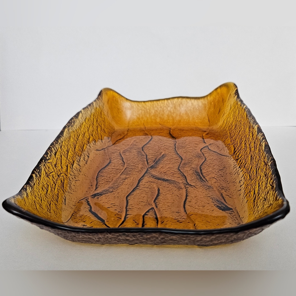 Amber Indiana Glass Dish, Vintage, MCM, Tree Bark Design